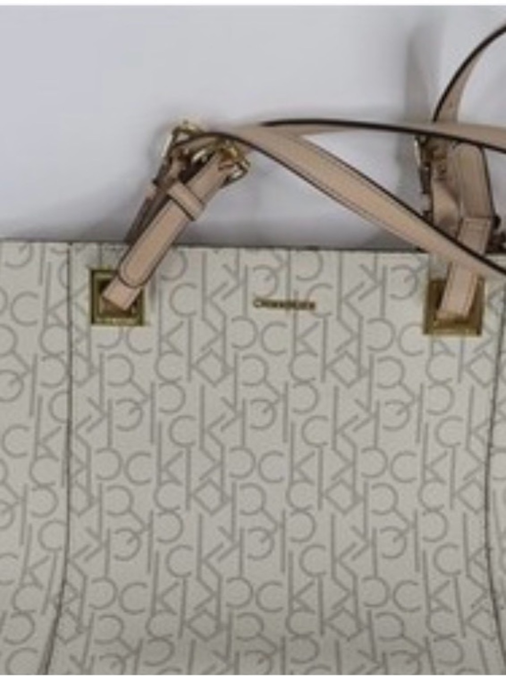 Calvin Klein Cream Monogram Tote with Beige Trim